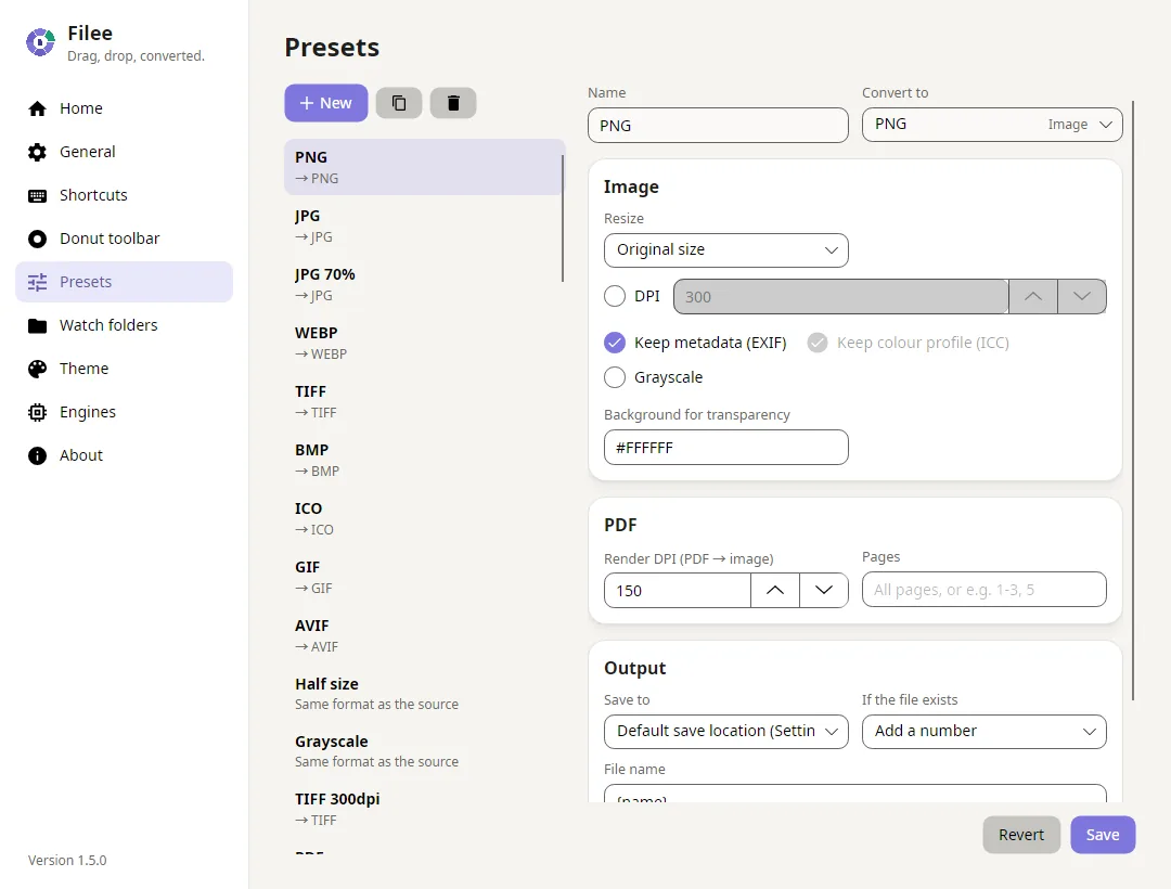 Preset editor with quality and output options