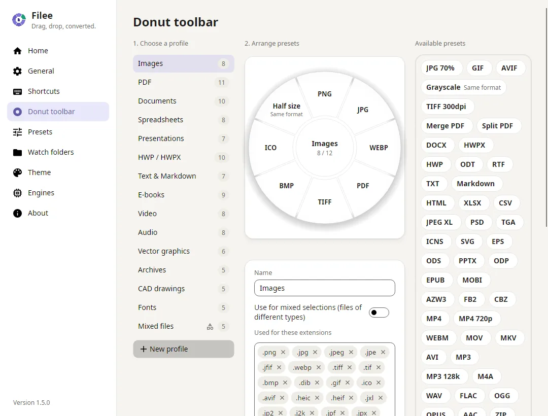 Donut toolbar editor with profiles and presets